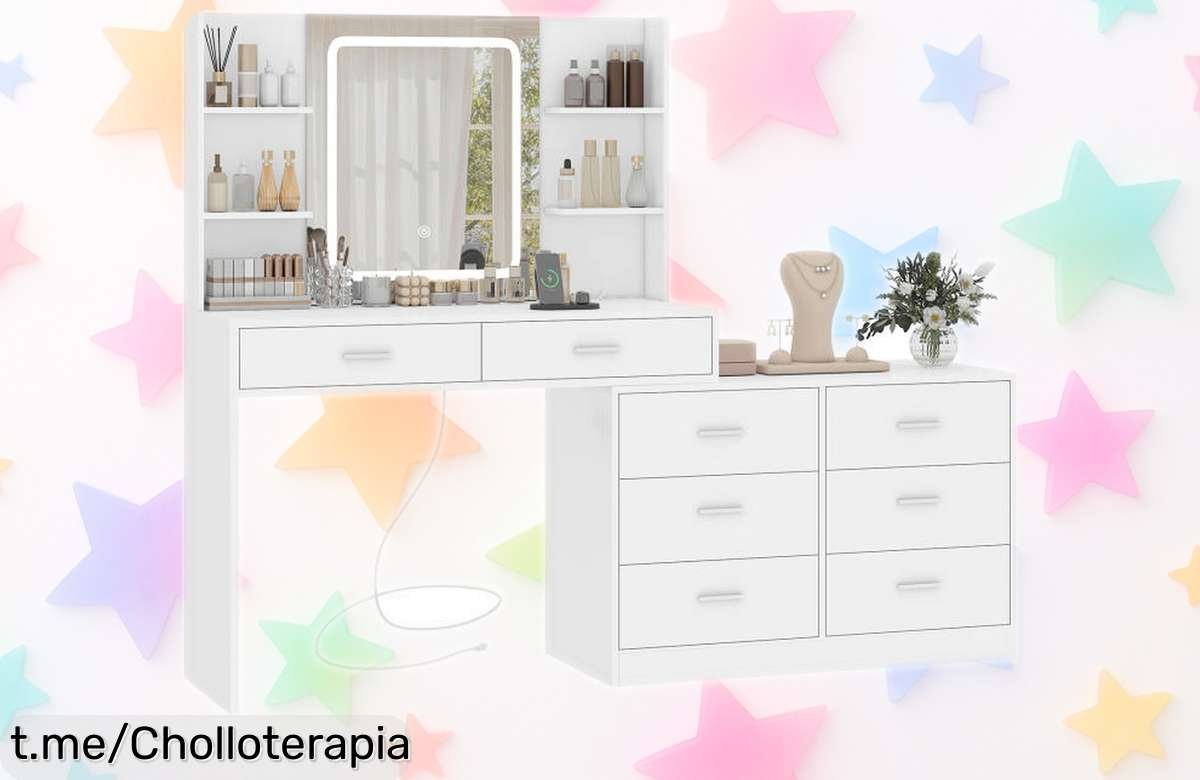 Tocador con espejo LED y 8 cajones a precio loco, ideal para brillar cada día; no dejes escapar este super chollo que hará tu rutina más especial, ¡hazlo tuyo ya!