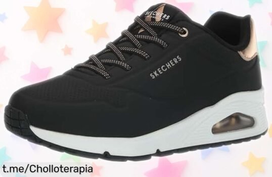 Zapatillas Skechers negras y blancas con ajuste ideal, super chollo por tiempo limitado que hará que camines fresca y divina. ¡No dejes pasar este ofertón!