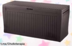 Arcón exterior Keter de diseño madera con capacidad de 270L a precio loco: ¡organiza tu jardín sin esfuerzo y disfruta el orden ya mismo!