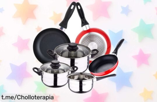 Batería de cocina San Ignacio en acero inoxidable con 5 piezas y sartenes rojas a precio rebajado, ¡un super chollo para darle sabor y estilo a tus recetas!