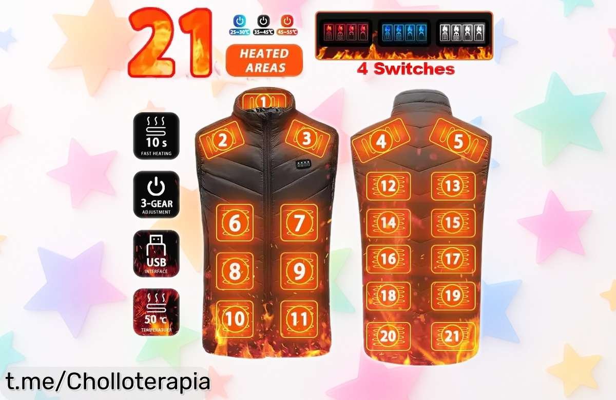Chaleco calefactable con 21 zonas de calor táctil y tecnología de grafeno a un precio rebajado, perfect para las aventuras al aire libre: ¡siente la calidez ahora, antes que se agoten!
