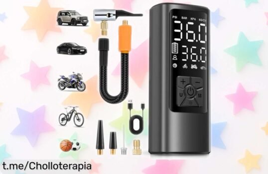 Compresor de aire portátil hovvida que infla al instante y carga tu móvil a precio loco. ¡No te quedes sin el tuyo, siente la seguridad en tus manos ya!