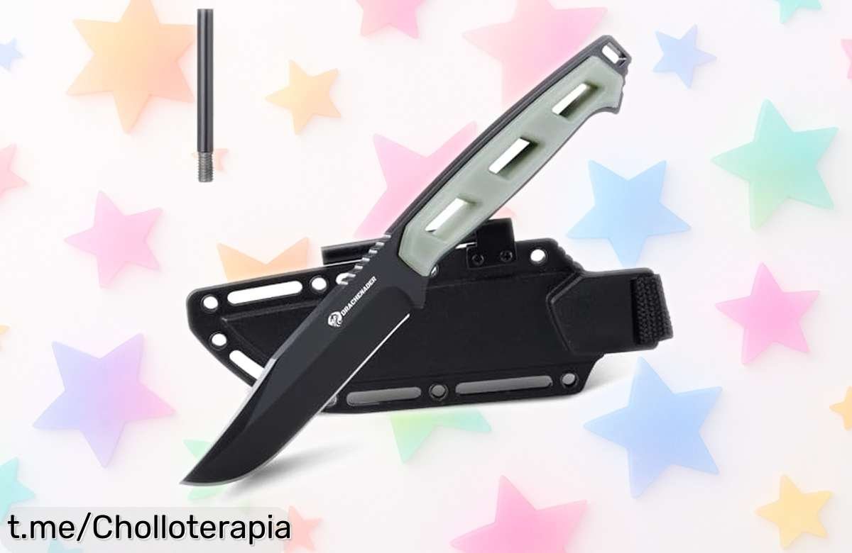 Cuchillo de cinturón DRACHENADER con hoja negra resistente y mango que enciende rápido, ¡ahora a precio locos! No dejes pasar este super chollo para tus aventuras al aire libre.