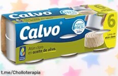 Deliciosas latas de atún Calvo en aceite de oliva, pack 6x65g ¡este precio rebajadísimo está volando! Disfruta el sabor que une mar y tierra, aprovecha ya esta oferta irresistible.