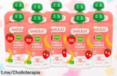 Delicioso pack de 10 pouch de frutas ecológicas Smileat en fresa y plátano con precio rebajado, ¡haz feliz a tus peques antes que se agoten!