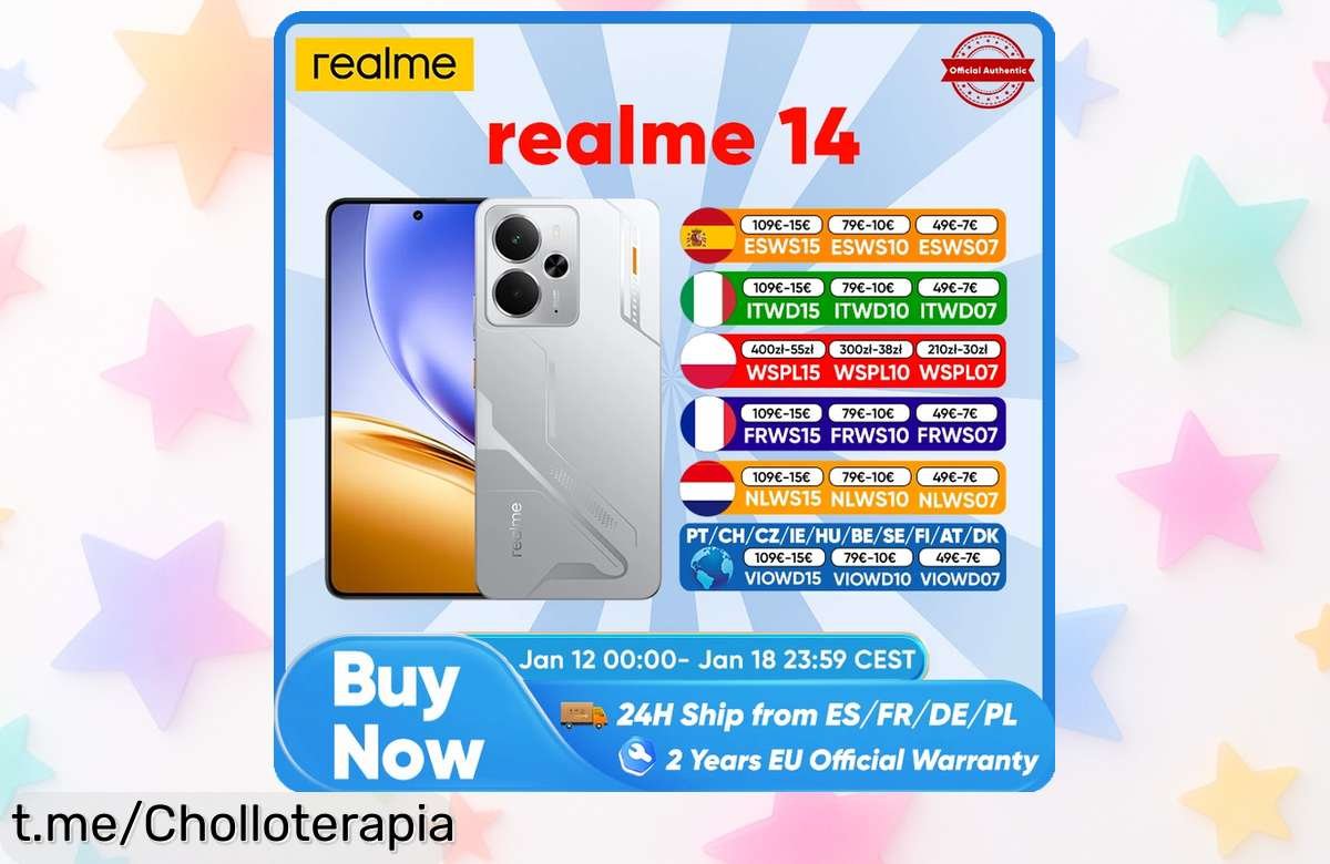 Descubre el increíble teléfono inteligente Realme 14 5G con pantalla AMOLED y cámara de 50MP, ¡ofertón por tiempo limitado! Corre que vuelan y no te quedes sin él.