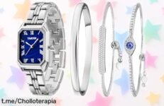 Elegante reloj rectangular TIME100 con correa de acero y cristal azul rebajado a precio loco, ¡acompañado de tres pulseras para que brilles! No te lo pierdas, es un super chollo único.