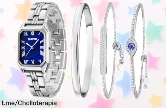 Elegante reloj rectangular TIME100 con correa de acero y cristal azul rebajado a precio loco, ¡acompañado de tres pulseras para que brilles! No te lo pierdas, es un super chollo único.