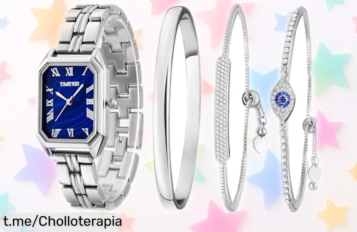 Elegante reloj rectangular TIME100 con correa de acero y cristal azul rebajado a precio loco, ¡acompañado de tres pulseras para que brilles! No te lo pierdas, es un super chollo único.