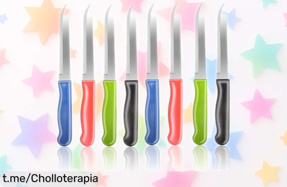 Juego de 8 cuchillos profesionales XIKAYA con mango colorido, ofrece un ofertón irrepetible para que cortes como todo un chef y conquistes la cocina sin esfuerzo. ¡No te lo pierdas!