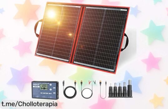 Kit solar plegable Dokio, ligero y potente con 2 salidas USB a precio loco. ¡Carga tus gadgets donde quieras! Quedan pocas unidades, no te quedes sin el tuyo y aprovecha esta oferta increíble.
