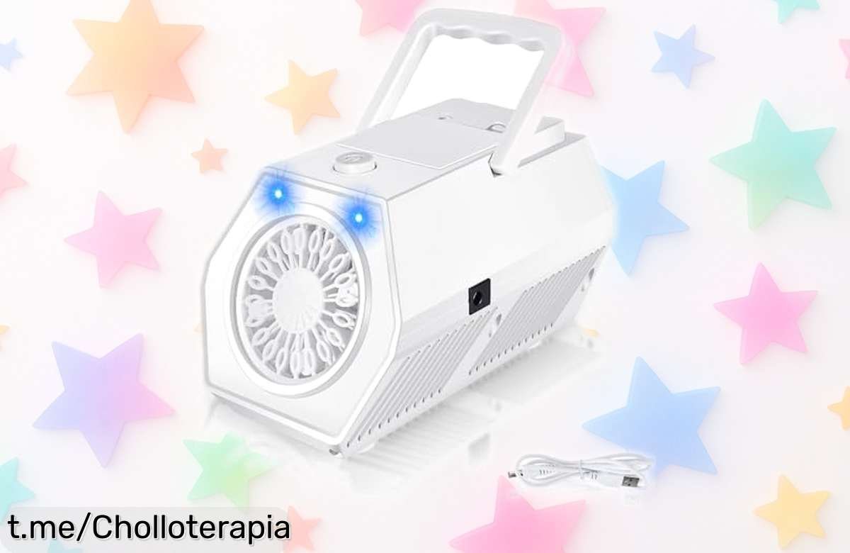 Máquina de burbujas BuzzoXerex con luces LED, ¡súper portátil y ahora a precio rebajado! Haz que tus fiestas brillen en segundos. No te quedes sin la tuya, ¡momentos mágicos te esperan ya!