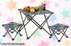 Mesa plegable con 2 taburetes SNZ ¡Un super chollo a precio rebajado que no podrás dejar pasar! Perfecta para disfrutar momentos únicos en playa, jardín o fiesta.