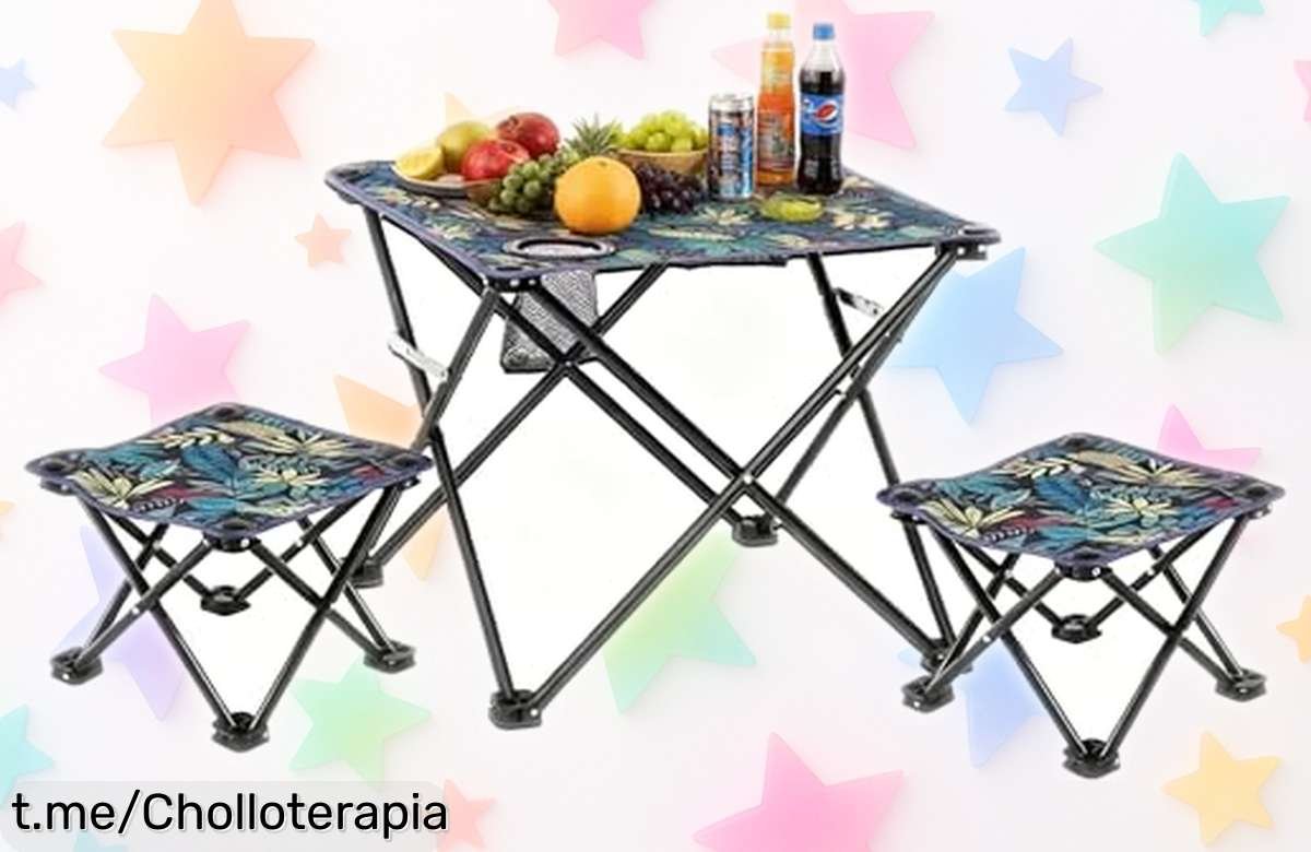 Mesa plegable con 2 taburetes SNZ ¡Un super chollo a precio rebajado que no podrás dejar pasar! Perfecta para disfrutar momentos únicos en playa, jardín o fiesta.