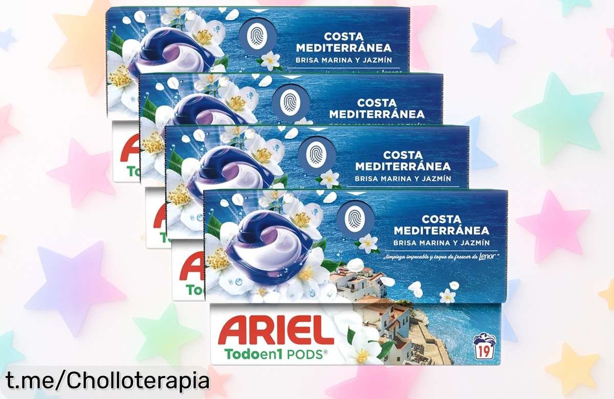 Pack de cápsulas Ariel todo en 1 Brisa Marina y Jazmín, un ofertón con 76 lavados para que disfrutes ropa impecable y aroma irresistible. ¡Aprovecha este precio loco antes de que se agote!