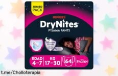 Pantalones nocturnos Huggies Drynites para niña a precio rebajado, chollo de oferta limitada que le dará tranquilidad y noches seguras a tu pequeña. ¡No esperes más!