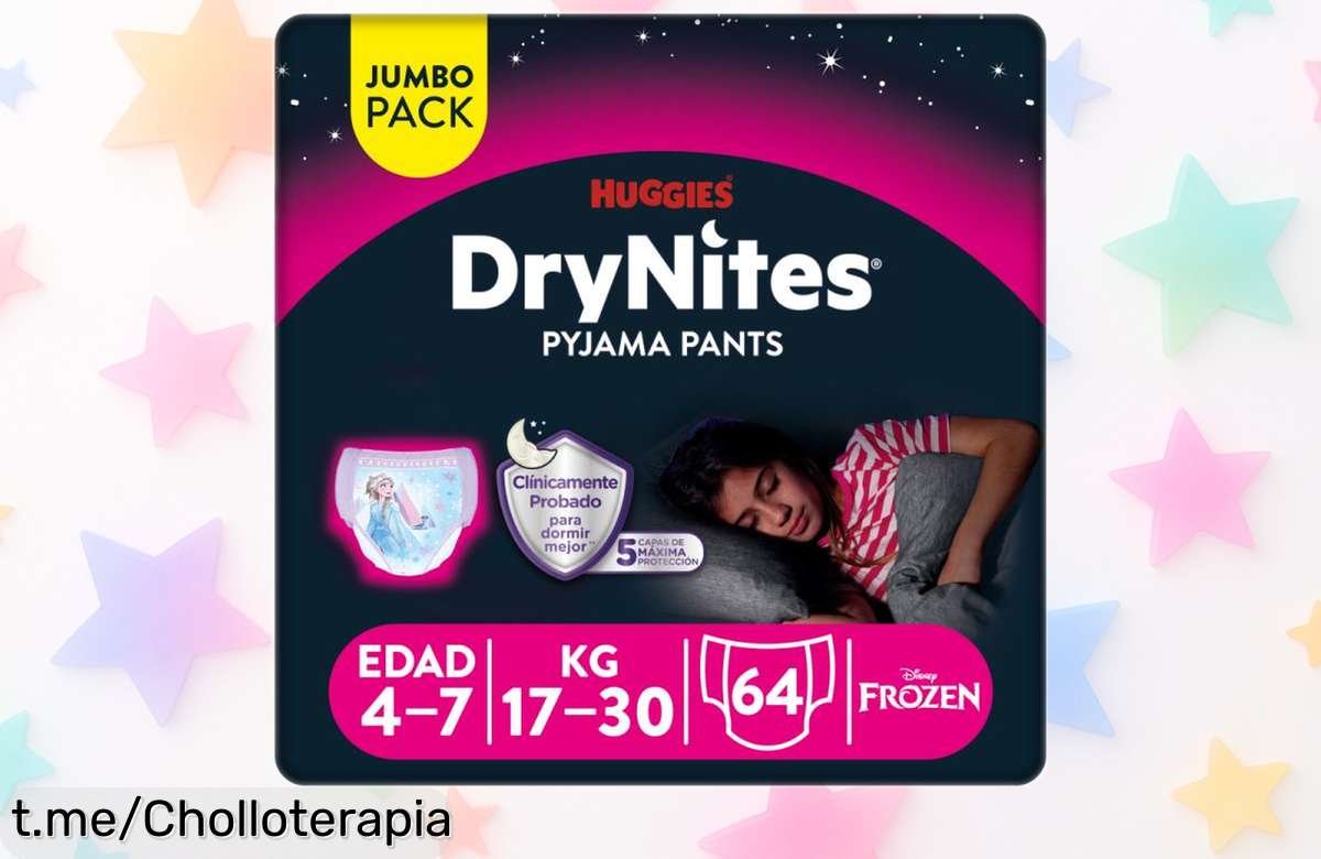 Pantalones nocturnos Huggies Drynites para niña a precio rebajado, chollo de oferta limitada que le dará tranquilidad y noches seguras a tu pequeña. ¡No esperes más!