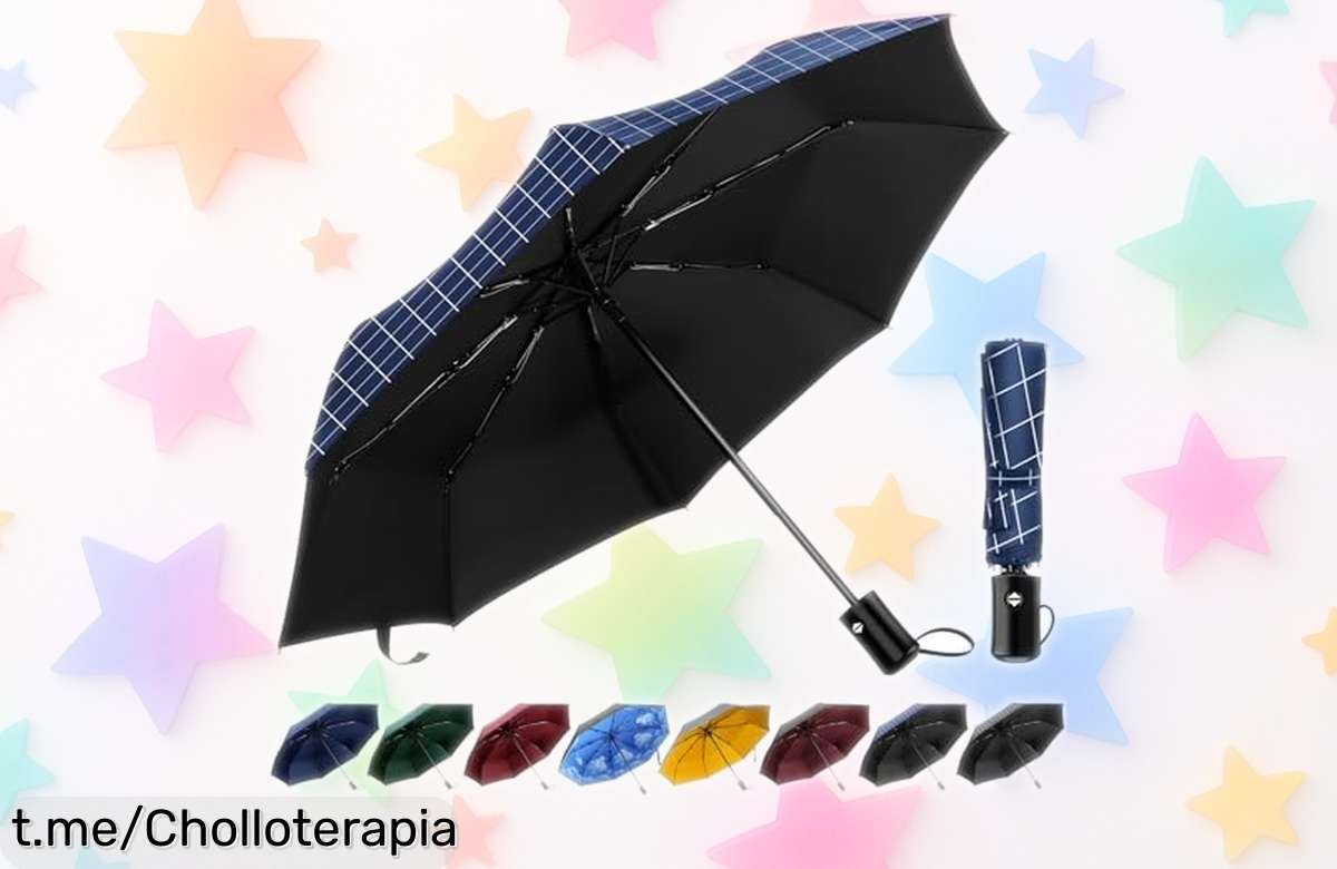 Paraguas automático compacto TechRise: ¡super resistente al viento y ahora con un descuentazo que vuela! No dejes que la lluvia arruine tus planes, actúa ya.