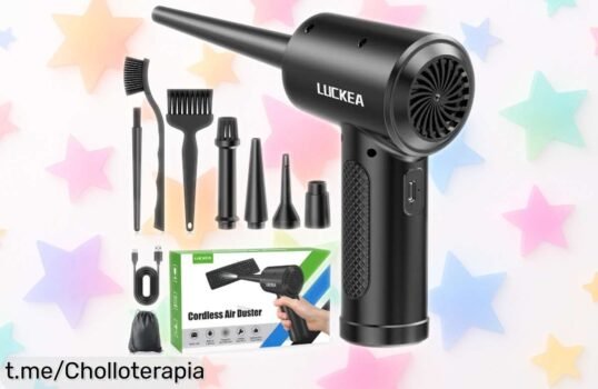 Potente soplador de aire con 3 velocidades y luz LED para limpiar a fondo tu PC, coche o teclado. ¡Aprovecha este precio rebajado y despídete del polvo imposible ya!