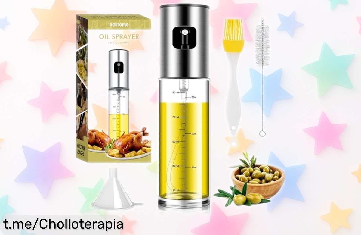 Pulverizador de aceite Edihome en acero y cristal: ¡chollo antideslizante para un rociado perfecto! Precio rebajado que hará feliz a tu cocina, no lo dejes escapar.