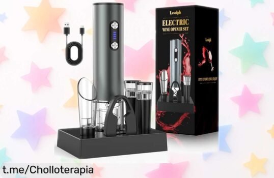 Sacacorchos eléctrico recargable para abrir 80 botellas sin esfuerzo, kit completo con cortador y tapones a un precio loco por tiempo limitado ¡Haz tus reuniones inolvidables ya!