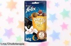 Snack para gato adulto Purina Felix Party Mix, 8 bolsas de 60g a ¡precio rebajado! Un super chollo que hará saltar de alegría a tu peludo. No te lo pierdas y sorpréndelo ya mismo.