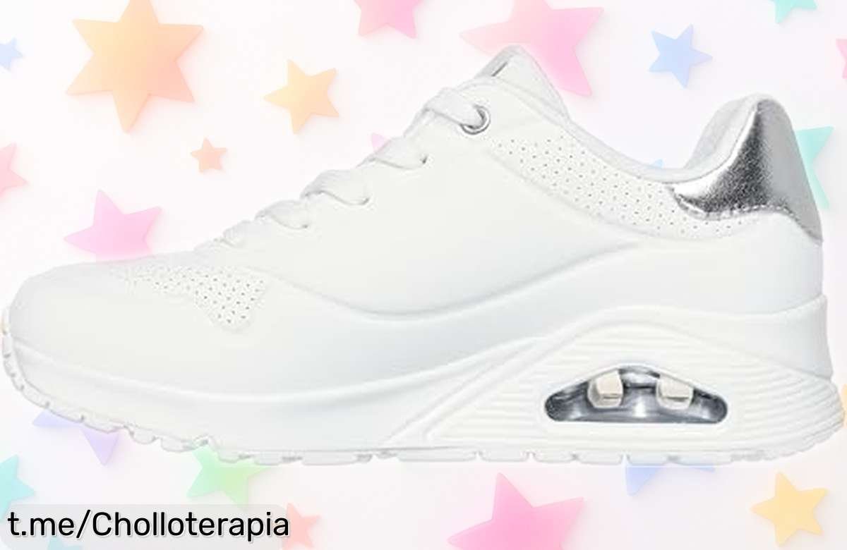 Zapatillas Skechers blancas y plata con aire fresco, ¡precio rebajado hasta agotar existencias! Disfruta de cada paso y siente la libertad, no te quedes sin las tuyas.