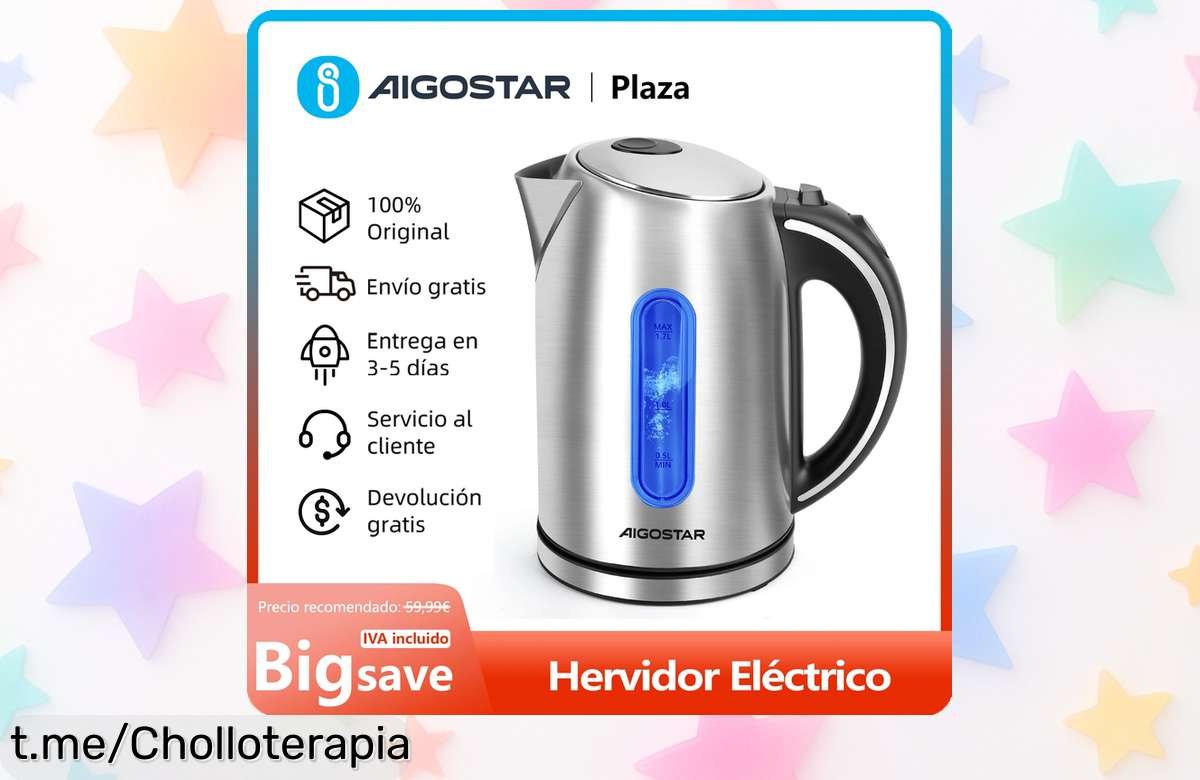 Hervidor eléctrico de acero inoxidable 1,7 L con iluminación LED y base 360º a precio increíble; ¡corre que este ofertón no durará y tu cocina lo necesita!