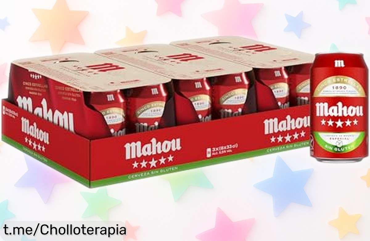 Cerveza dorada Mahou 5 Estrellas sin gluten en pack de 24 latas a un precio loco, ¡no te pierdas este super chollo y brindemos juntos por momentos inolvidables!