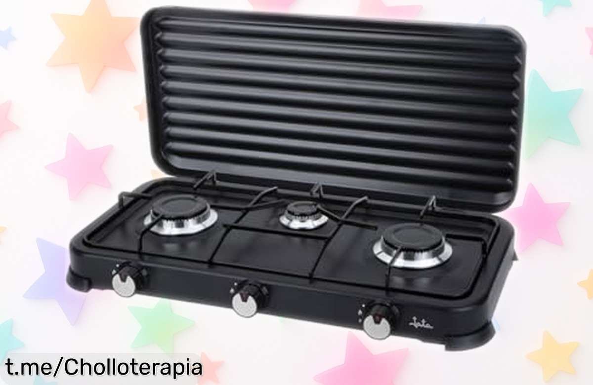 Cocina de gas portátil Jata JECG2703 con 3 fuegos y tapa extraíble, ¡precio rebajado que vuela! No te quedes sin la tuya y cocina feliz en cualquier lugar.