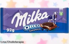 Deliciosa tableta de chocolate con leche Milka Oreo Sándwich en oferta, crujiente y cremosa; el momento perfecto para compartir dulzura y risas ¡No te quedes sin tu gustazo!
