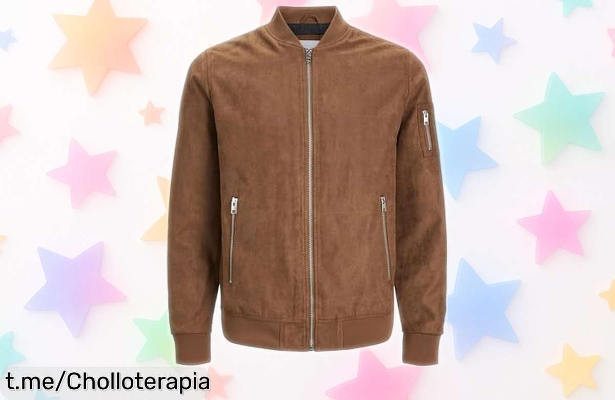 Descubre la chaqueta bomber JACK & JONES de suede sintético color coñac, un super chollo que te hará brillar con estilo y resistencia; ¡no te quedes sin ella!