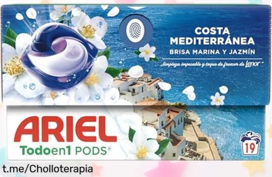 Detergente líquido cápsulas Ariel Todo en 1 Brisa Marina y Jazmín, limpieza desde el primer lavado a precio rebajado que no volverá. ¡No te quedes sin aroma fresco en tu hogar!