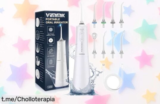 Irrigador bucal portátil Vimmk con 5 modos y 8 boquillas, ¡chollazo que te hará sonreír! Precio rebajado por tiempo limitado para cuidar tu sonrisa sin esfuerzo.