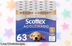 Papel higiénico Scottex acolchado 63 rollos, suavidad extra y limpieza total a precio rebajado: no dejes pasar este super chollo y siente la diferencia cada vez que lo uses.