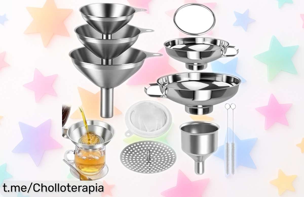 Set de 10 embudos inox con colador y cepillo a precio rebajado: aprovecha este super chollo para tus líquidos favoritos, ¡que se acaben no sea lo único que filtre!