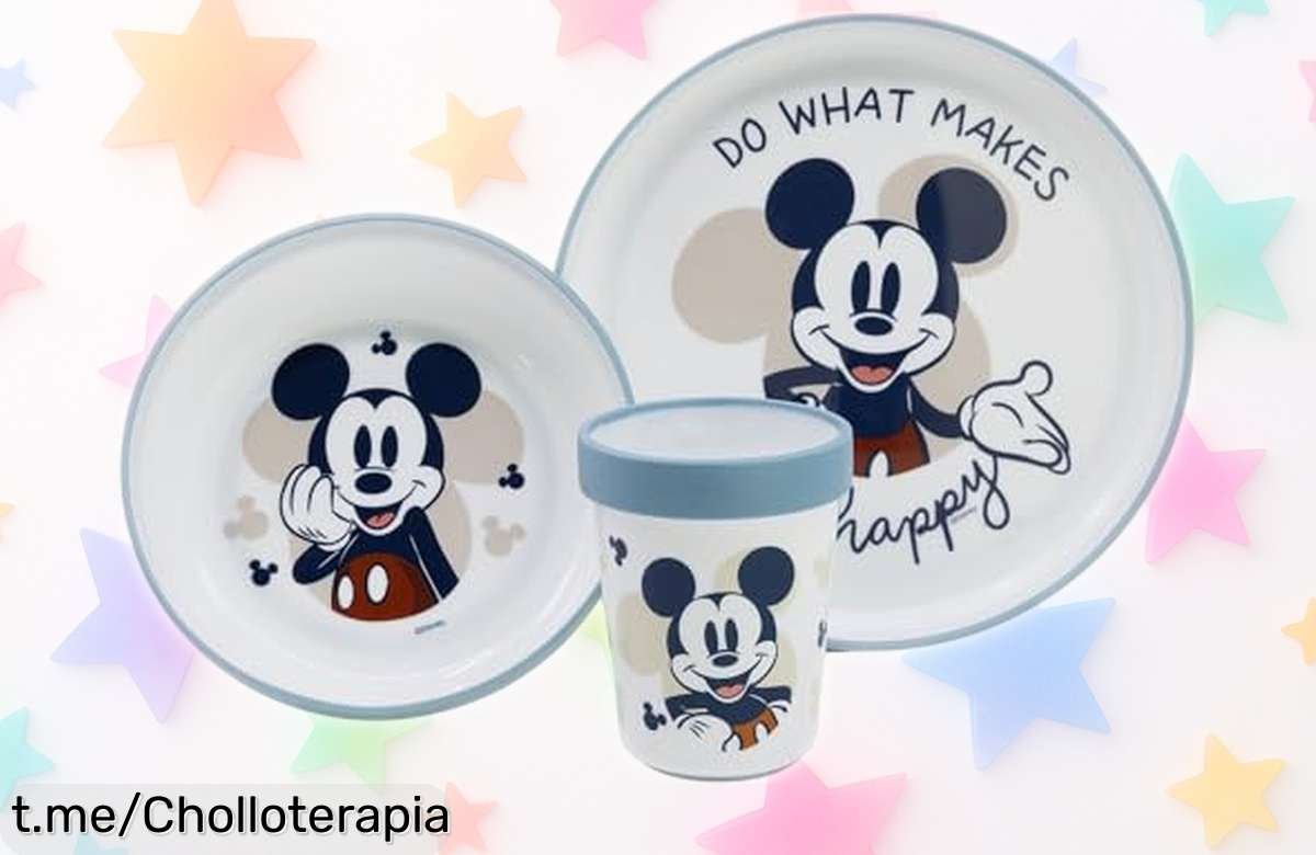 Set de vajilla premium bicolor Mickey Mouse para peques, ¡con precio rebajado alucinante! No te quedes sin la sonrisa en su mesa, actúa ya antes de que volar.