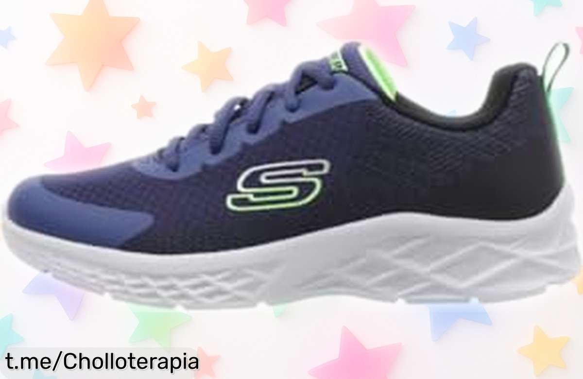 Zapatillas Skechers Boys en azul marino y negro lima, resistentes y geniales, ahora a un precio rebajado que hará brincar de alegría a tus peques ¡Ve por ellas antes de que se agoten!