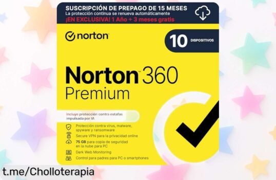 Antivirus Norton 360 Premium para 10 dispositivos, super oferton con VPN y control parental. ¡Protege a los tuyos mientras ahorras! No dejes pasar esta oportunidad que vuela rápido.