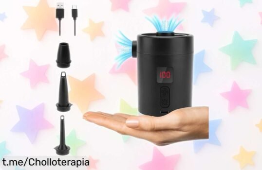 Bomba de aire portátil recargable con pantalla LED para inflar flotadores y colchones, ¡ofertón que se va volando! No te quedes sin la tuya y vive momentos únicos en tus aventuras.