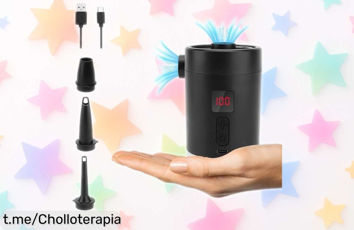 Bomba de aire portátil recargable con pantalla LED para inflar flotadores y colchones, ¡ofertón que se va volando! No te quedes sin la tuya y vive momentos únicos en tus aventuras.