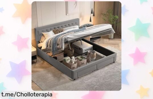 Cama tapizada con 2 cajones y sistema hidráulico QMTXBYJ, diseño moderno a precio loco que no podrás dejar escapar, corre antes de que se agote esta oportunidad única.