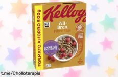 Cereales All Bran Fibre Plus de Kellogg’s en pack de 500g a precio loco: potencia tu digestión y cuídate sin cafeína. ¡No te lo pierdas y mejora tus mañanas ya!