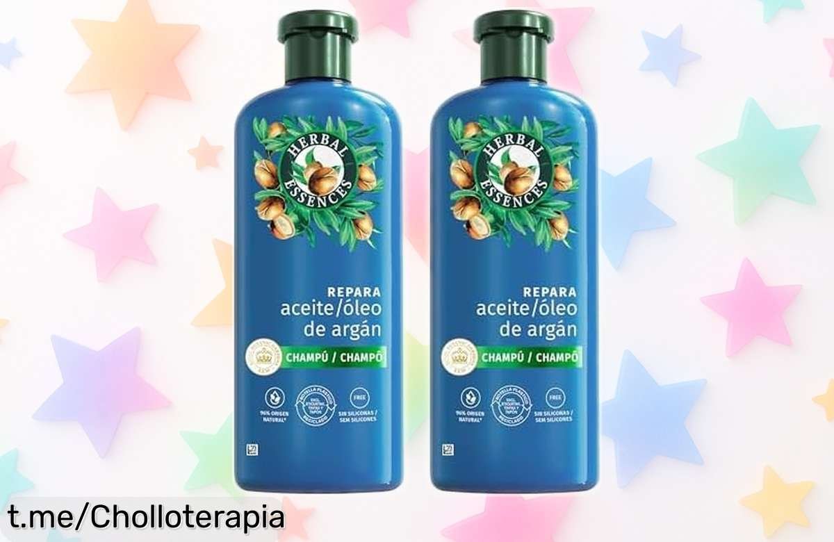 Champú reparador Herbal Essences con aceite de argán, pack de 2 botellas a precio rebajado, un lujo que tu pelo merece y huele increíble. No te lo pierdas ya mismo.