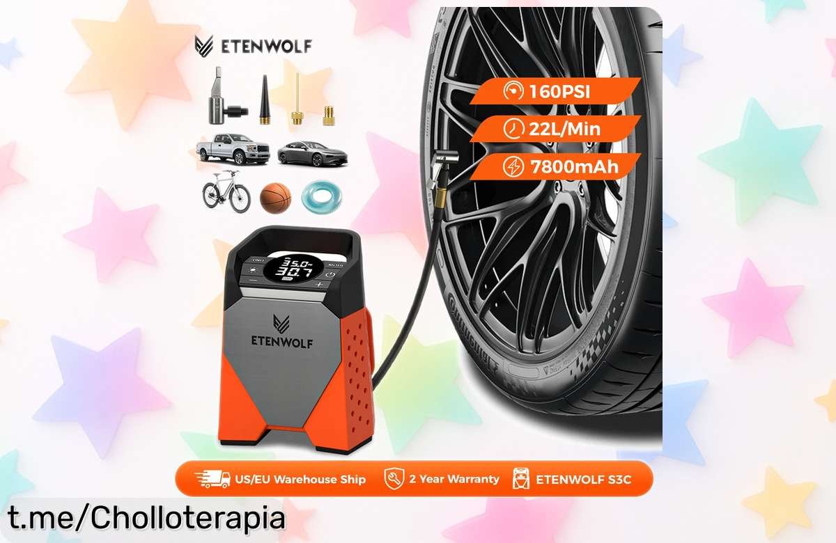 Compresor de aire portátil ETENWOLF ZEPHYR S3C, un precio loco que vuela, ¡inflar neumáticos y bicis nunca fue tan fácil! No te lo pierdas, ponlo en acción hoy mismo.