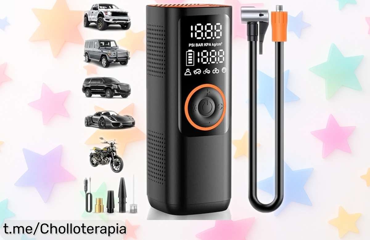 Compresor de aire portátil con pantalla digital y luces LED a precio de risa, ideal para coche, moto y bici. ¡No te quedes sin el tuyo antes de que se agote!