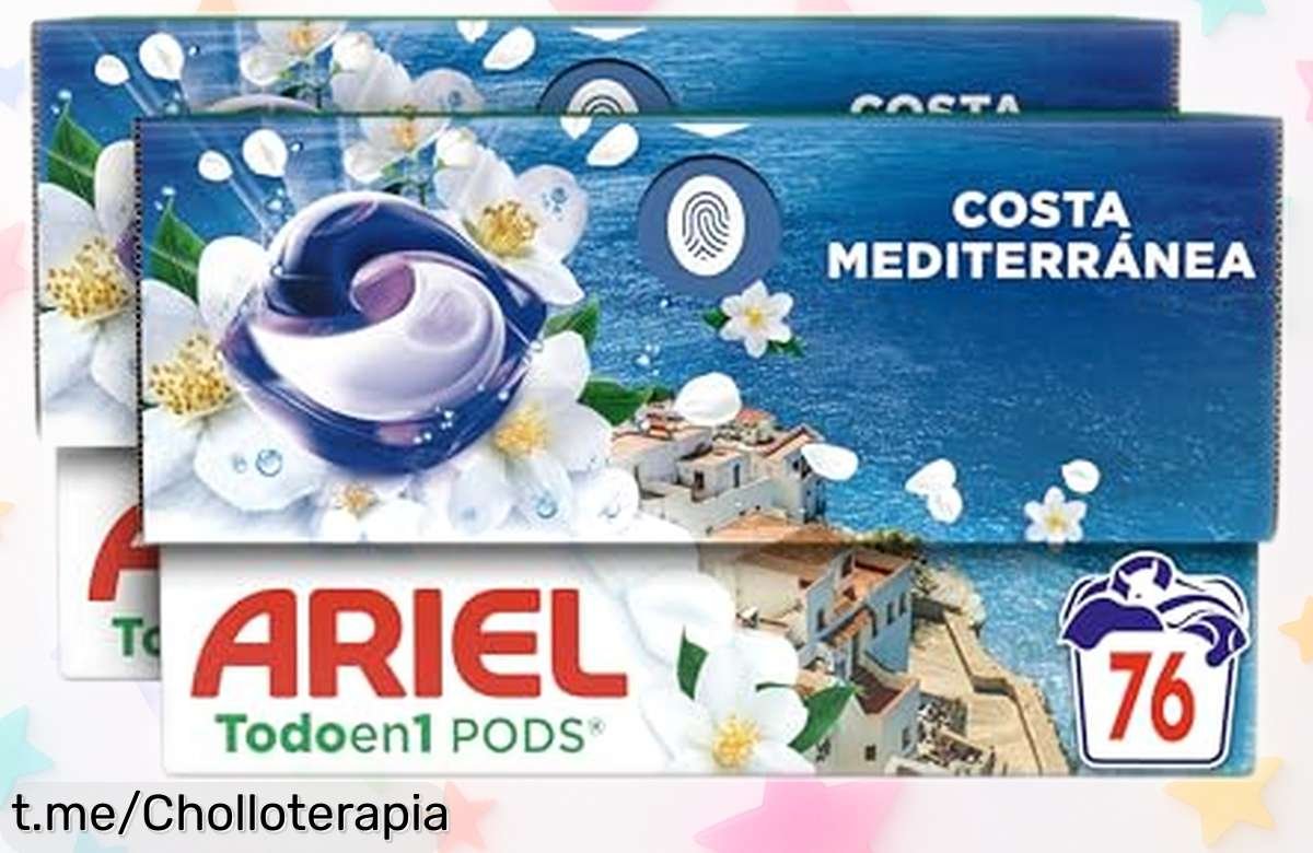 Detergente líquido cápsulas Ariel Todo en 1 Brisa Marina y Jazmín, ¡rebajado para que tu ropa luzca impecable! Aprovecha este chollo antes de que se acabe y disfruta cada día el aroma fresco.