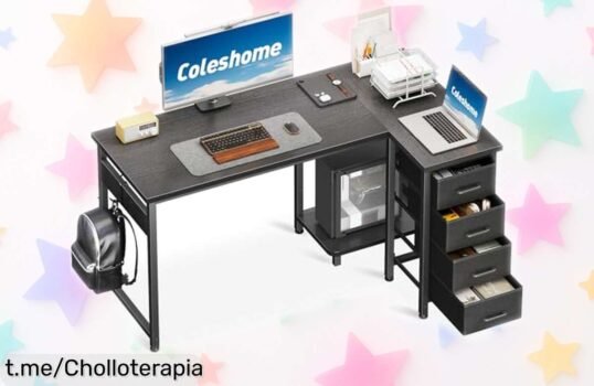 Escritorio en L Coleshome con cajones geniales y a un precio de locura, ¡no pierdas la oportunidad de tener tu espacio ordenado y estiloso! Corre antes que se acabe.