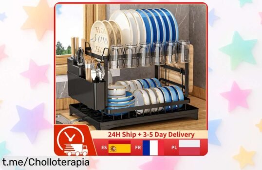 Escurridor de platos de 2 niveles con bandeja y espacio para cubiertos a precio increíble, ¡no lo dejarás escapar! Dale un toque ordenado a tu cocina antes que se agote.