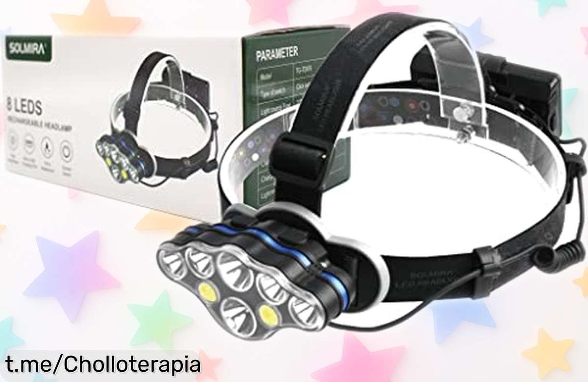 Impresionante linterna frontal recargable con 8 LED y modos varios, ¡un ofertón que se va volando! No dejes pasar esta oportunidad única para iluminar tu vida.